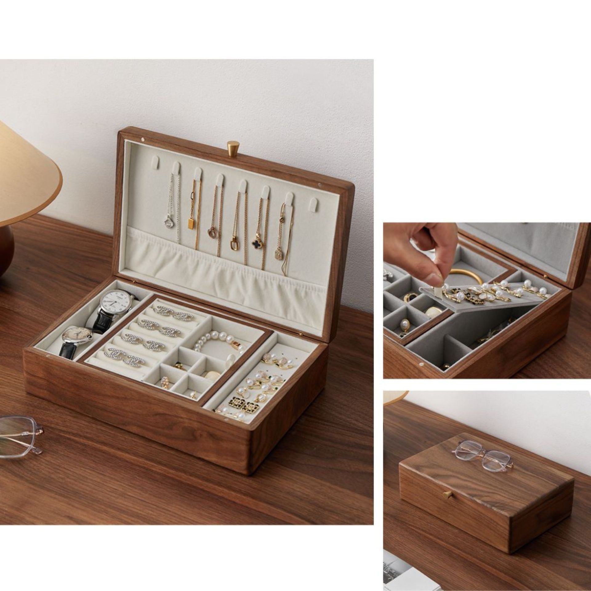 Open solid walnut wood jewelry box displaying watches, necklaces, rings, and other jewelry. Includes a view of the removable tray being adjusted and the closed box with eyeglasses on top. Ideal for luxury storage of men's accessories.