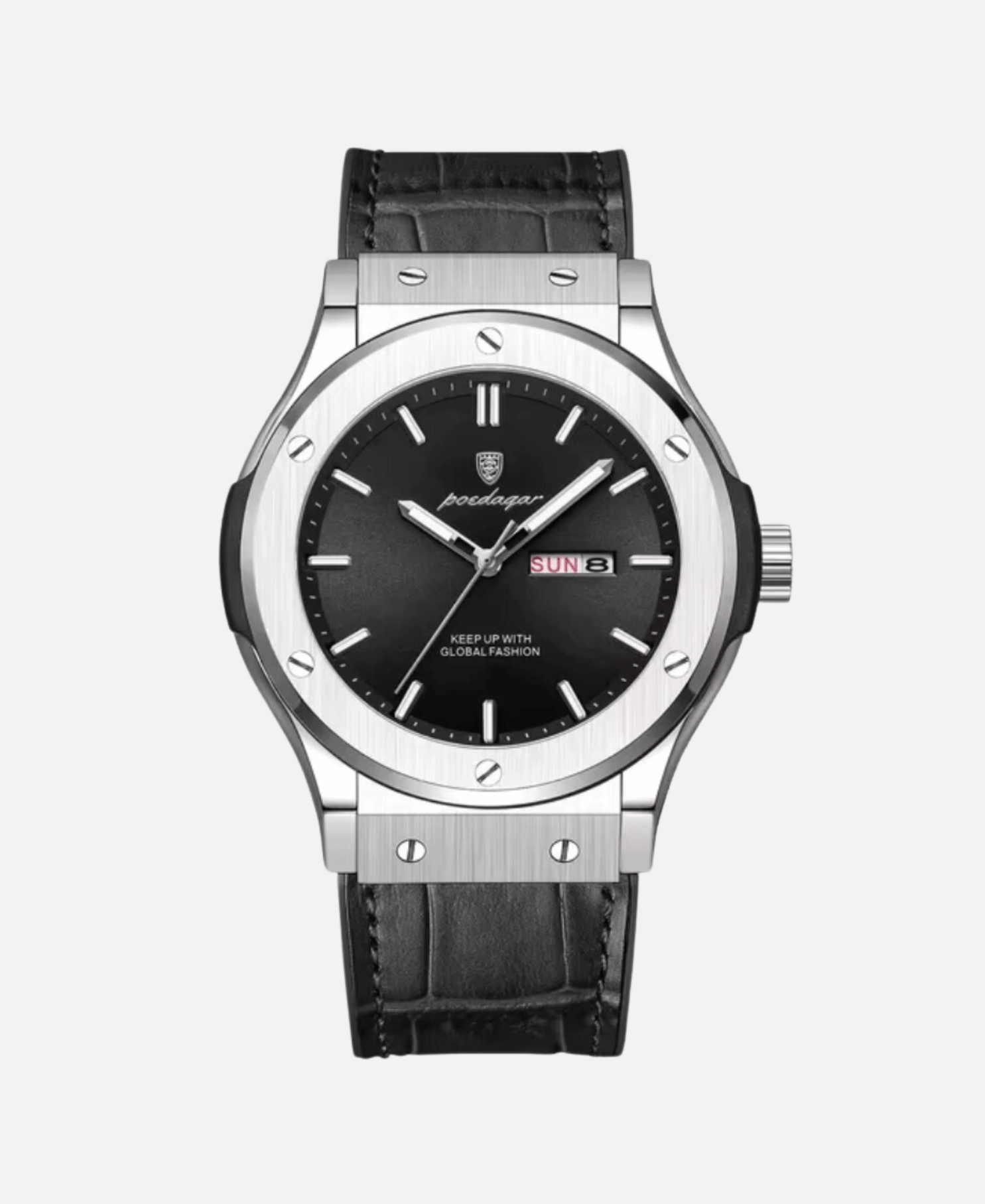 Stylish silver watch with a black dial, a date window showing 'SUN 3', and a black crocodile-patterned leather strap.