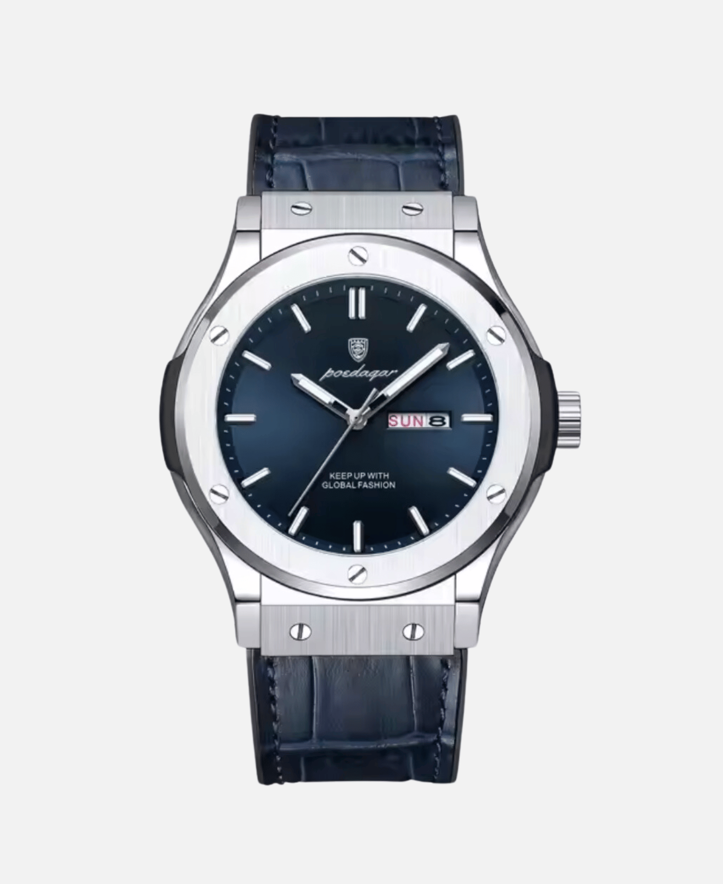 Elegant silver watch with a dark blue dial, a date window showing 'SUN 3', and a black crocodile-patterned leather strap.