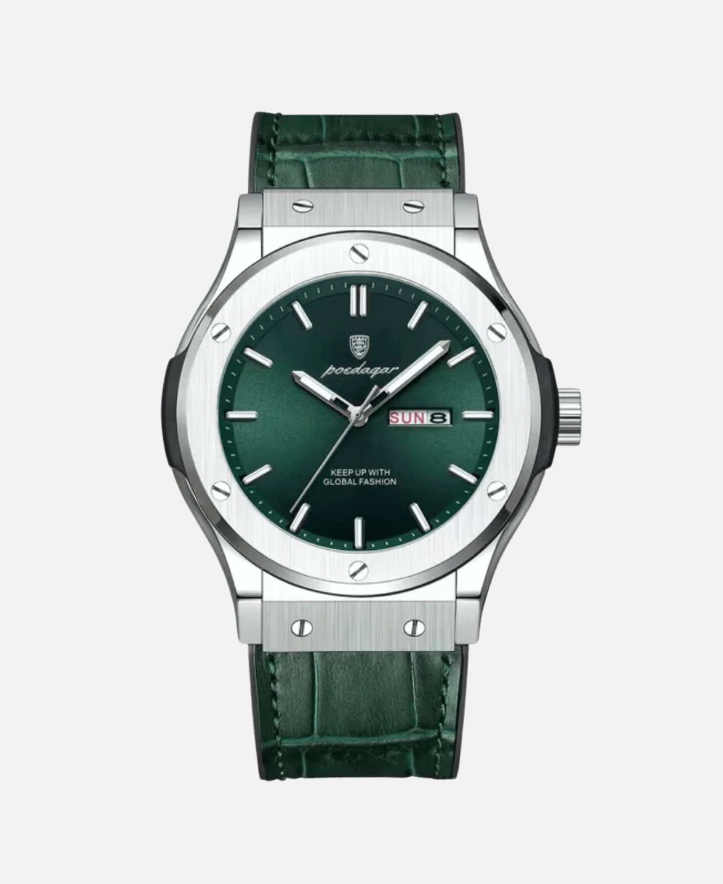 Modern silver watch with a dark green dial, a date window showing 'SUN 3', and a dark green crocodile-patterned leather strap.