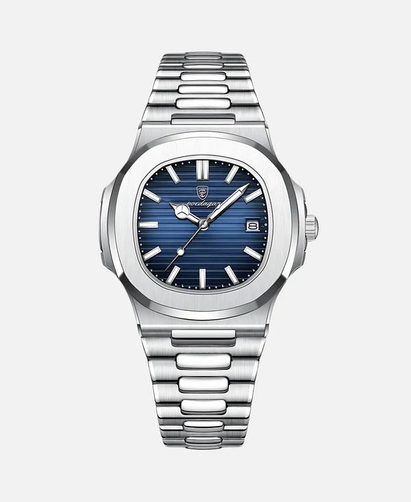 Silver watch with a blue dial, metal strap, and date window.