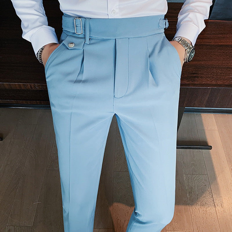 Men's Vintage Charm retro suit pants in lightweight sky blue fabric, tailored fit with pleats and unique waistband buckle detail, worn by a man in a white shirt. Perfect for stylish business casual.