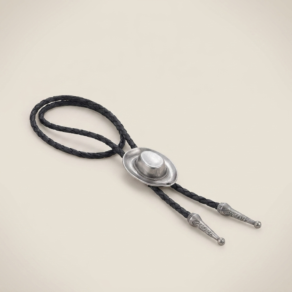 Front view of vintage braided leather geometric alloy ring pendant necklace with black leather and antique silver finish