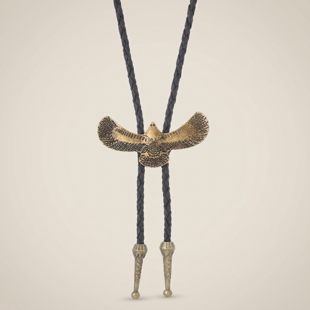 Side profile of vintage braided leather geometric alloy ring pendant necklace showing black leather and antique bronze finish