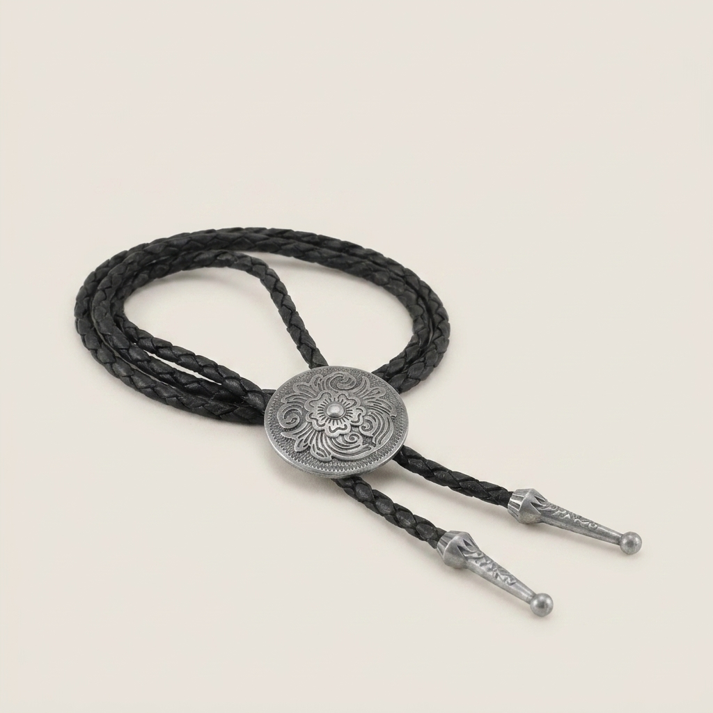 Side profile of vintage braided leather geometric alloy ring pendant necklace featuring dark brown leather and antique silver finish