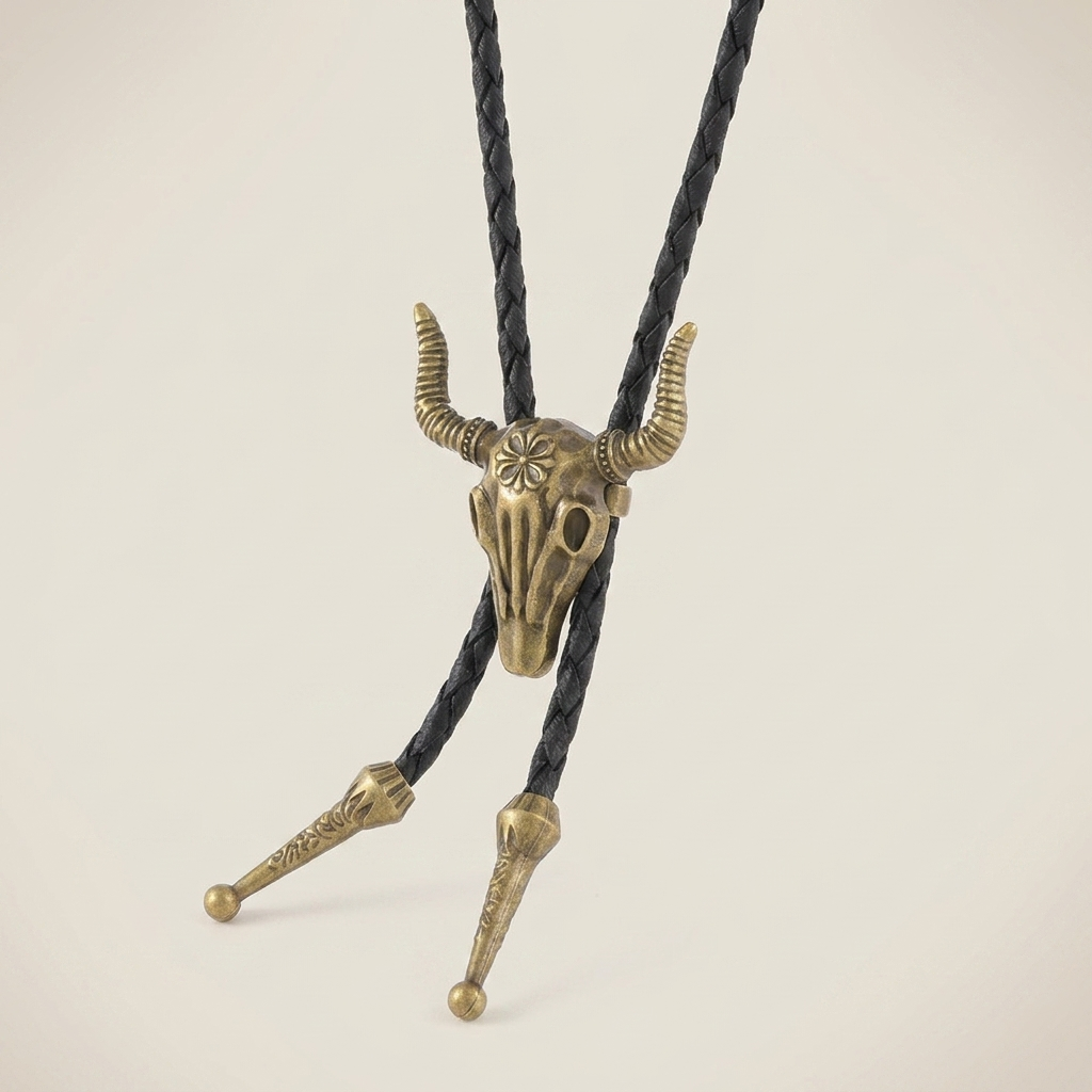 Side profile of vintage braided leather geometric alloy ring pendant necklace featuring light brown leather and antique bronze finish