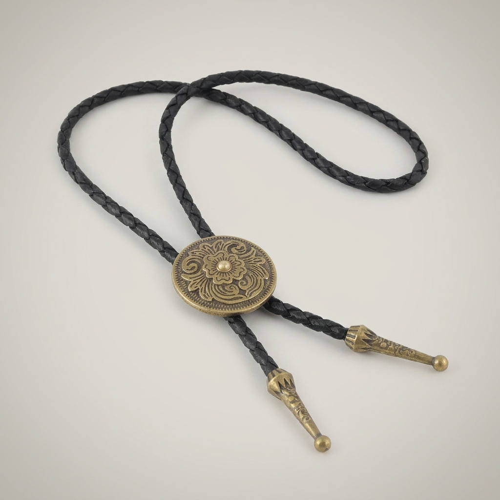 Top-down view of vintage braided leather geometric alloy ring pendant necklace with light brown leather and antique bronze finish