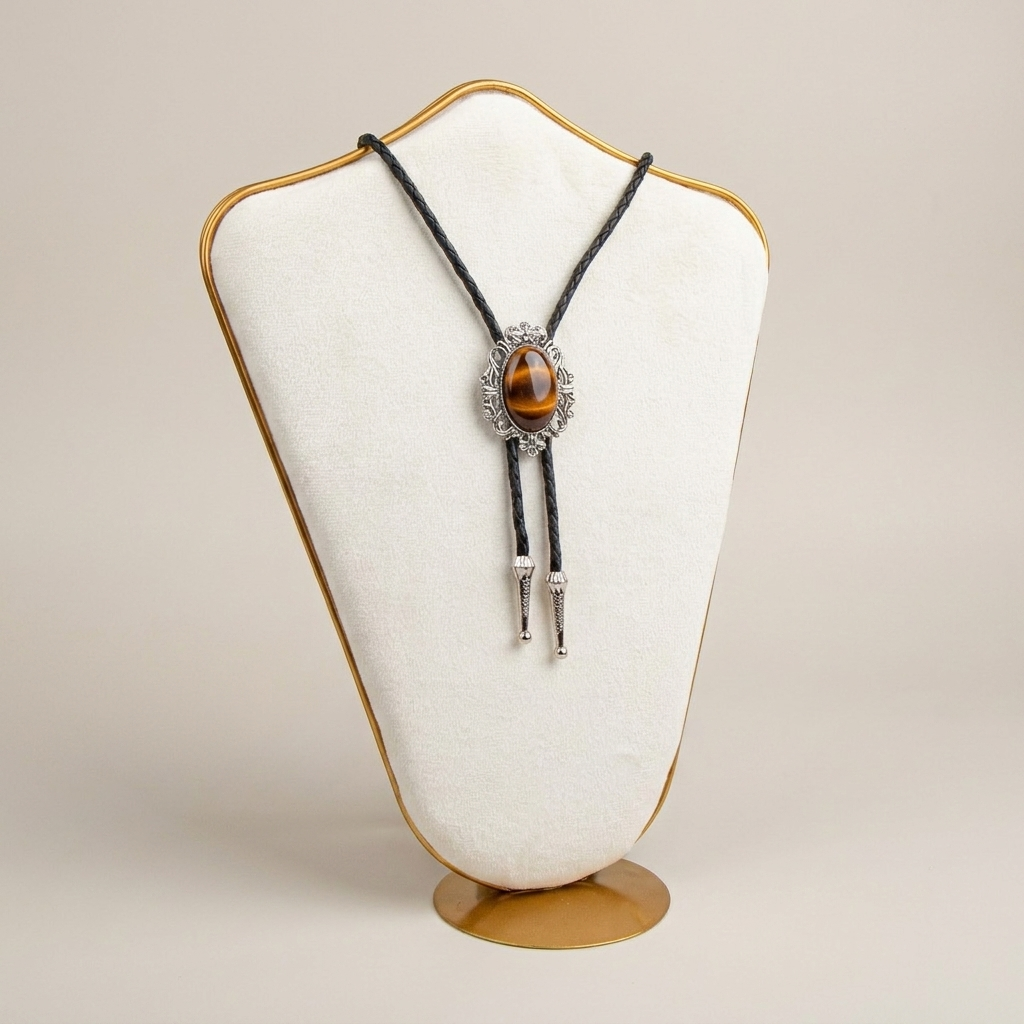 Three-quarter close-up of vintage Western bolo tie amber oval cabochon stone with antique silver pendant on black rope chain
