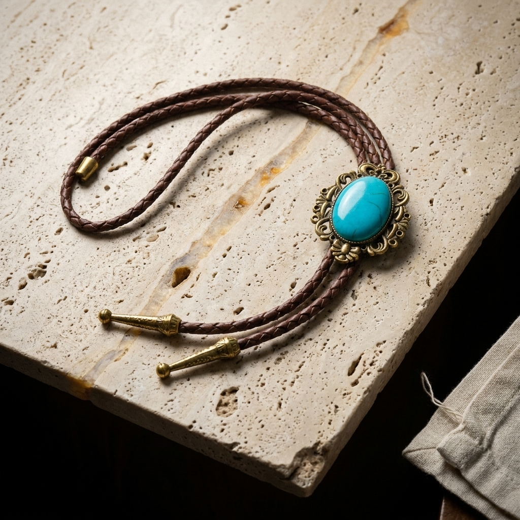 Vintage Western bolo tie worn casually in ambient room setting showing black rope chain and geometric pendant with oval cabochon stone