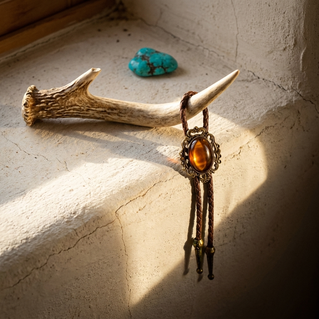 Vintage Western bolo tie displayed on wooden table with black rope chain and oval cabochon stone in focus