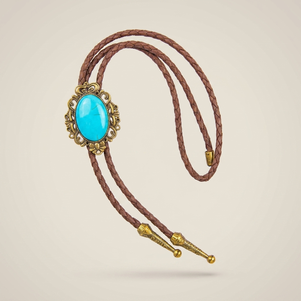 Vintage Western bolo tie with turquoise oval cabochon stone and aged brass pendant shown front view on black rope chain
