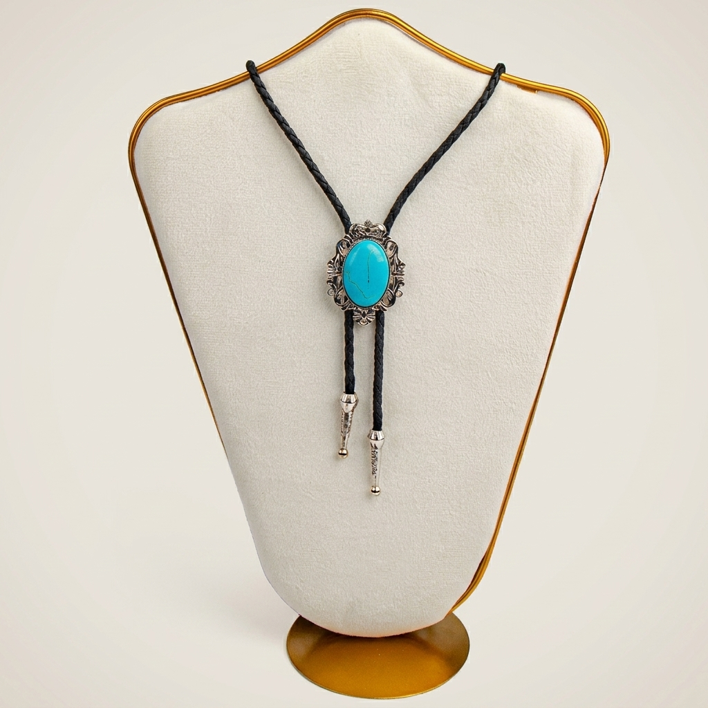 Close-up of vintage Western bolo tie turquoise oval cabochon stone with antique silver geometric alloy pendant on black rope chain
