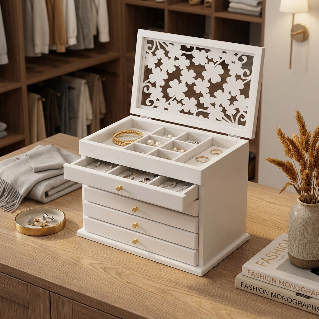 Close-up detail of walnut rectangular lockable velvet lined jewelry storage box with beige velvet hook lock and handle hardware