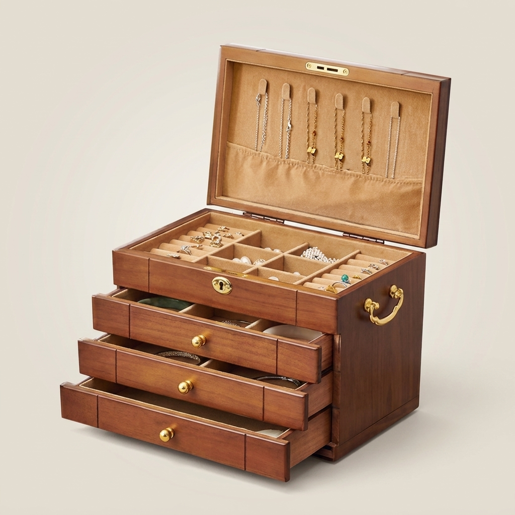 Close-up of walnut rectangular lockable velvet lined jewelry storage box with mirror showing necklace hook panel inside open lid