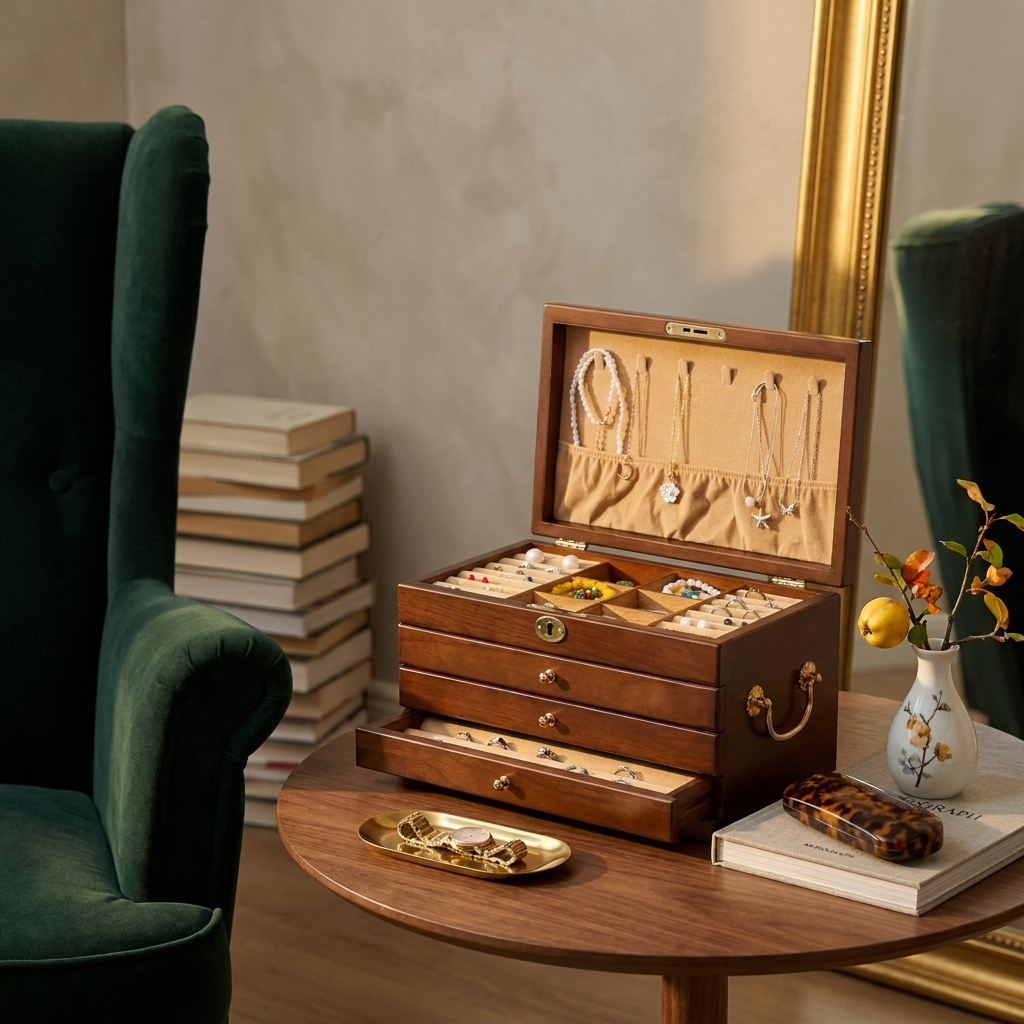 Detail close-up of walnut rectangular lockable velvet lined jewelry storage box with mirror showing lock mechanism and polished surface