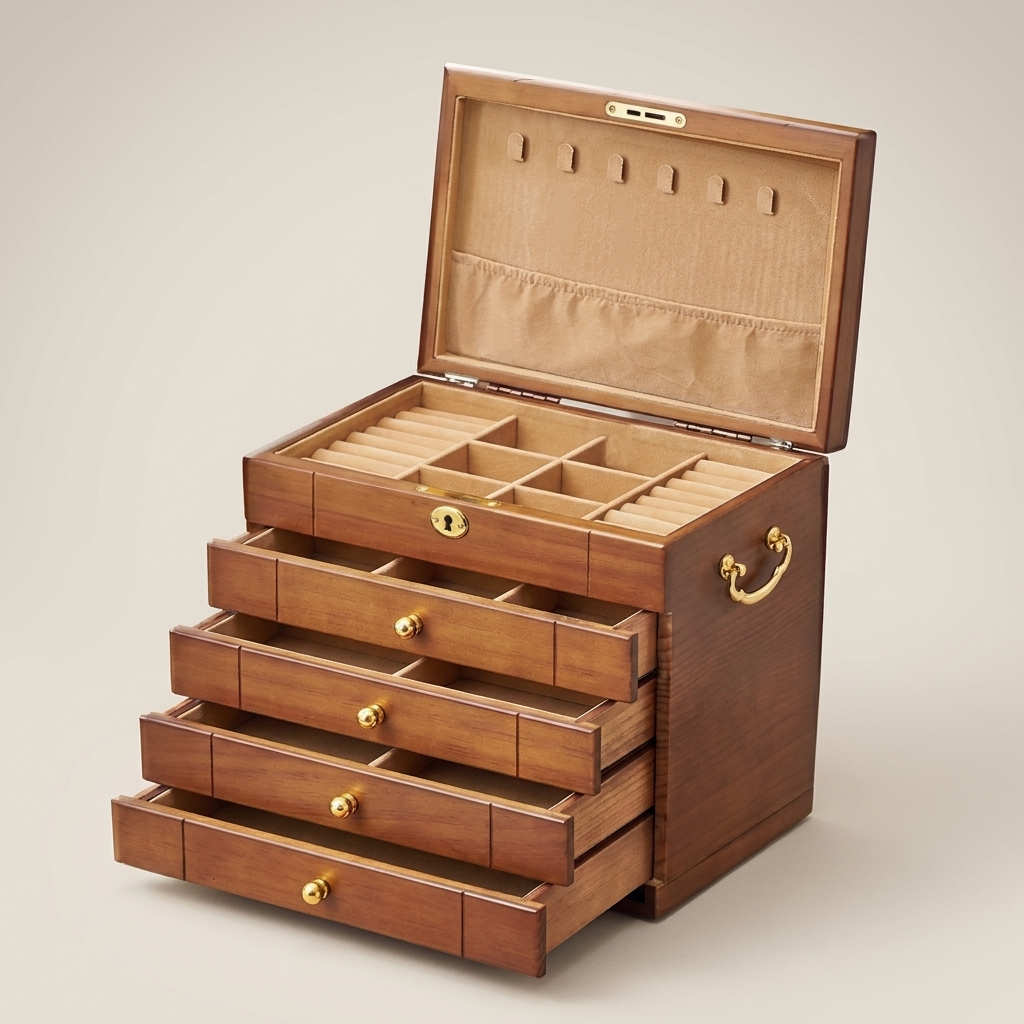 Front view of walnut rectangular lockable velvet lined jewelry storage box with beige velvet lining lock handle and lit interior