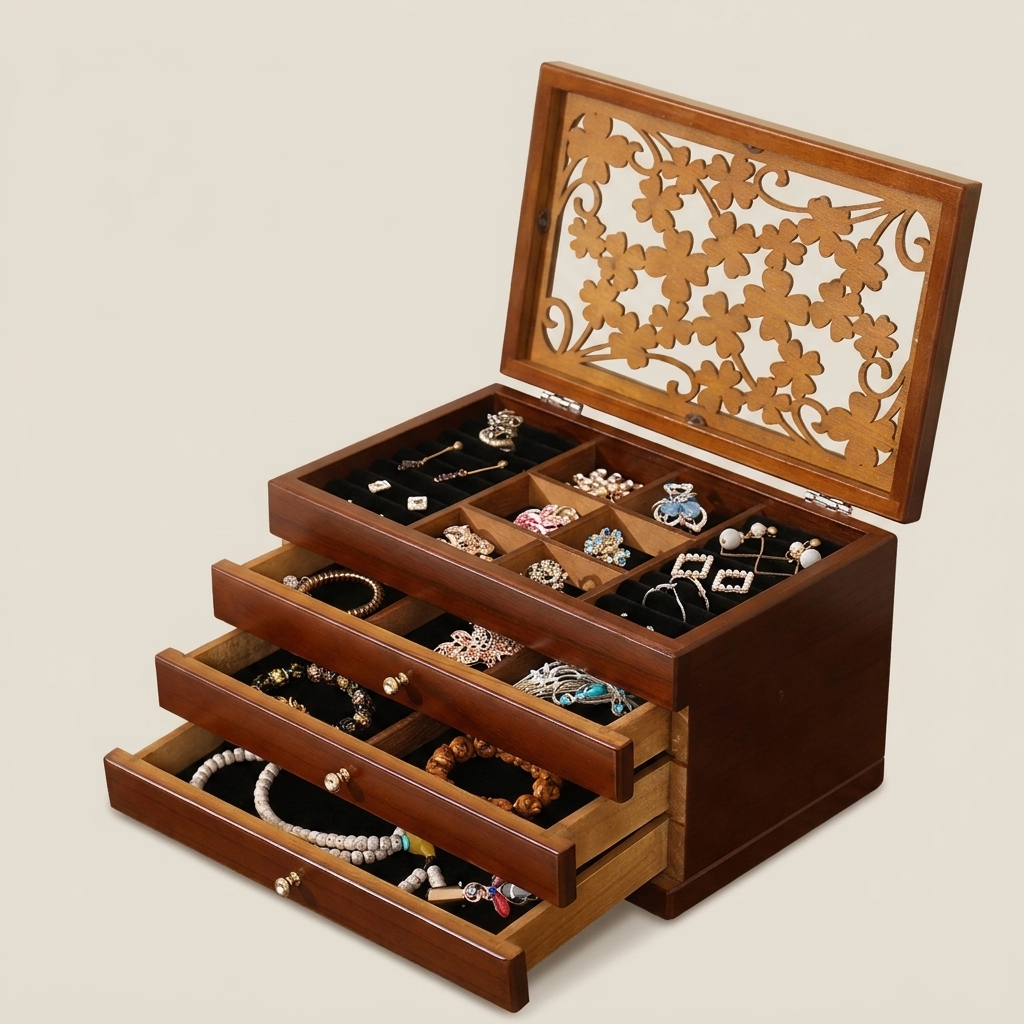 Walnut rectangular lockable velvet lined jewelry storage box front view showing walnut four-leaf clover pattern no mirror with polished rounded edges