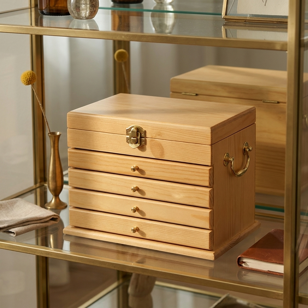 Lifestyle scene showing walnut rectangular lockable velvet lined jewelry storage box with carved black velvet hook on bedside table