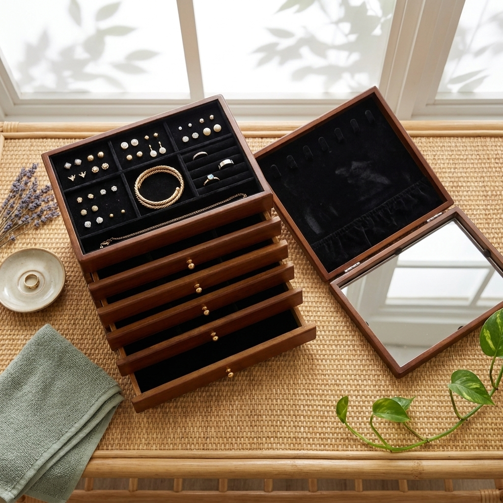 Lifestyle scene of walnut rectangular lockable velvet lined jewelry storage box with mirror lit on a study desk with ambient lighting