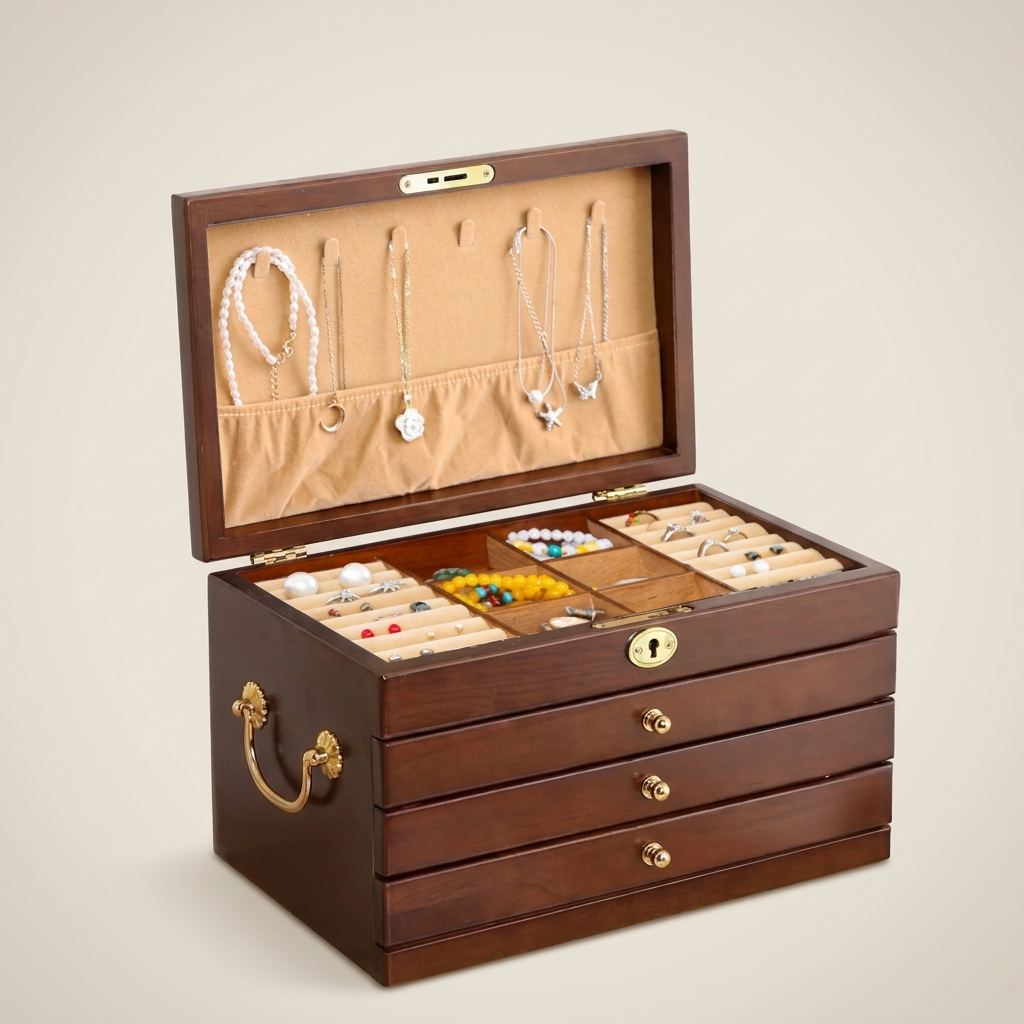 Walnut rectangular lockable velvet lined jewelry storage box side profile showing walnut beige velvet hook with lock and handle visible