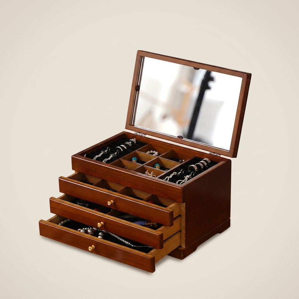 Walnut rectangular lockable velvet lined jewelry storage box at three-quarter angle with walnut four-leaf clover pattern and reflective mirror