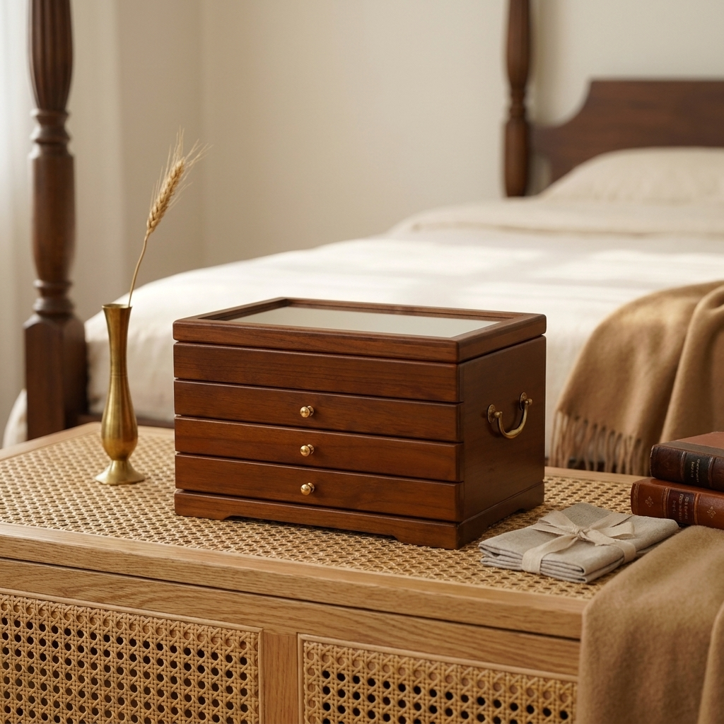 Top-down view of walnut rectangular lockable velvet lined jewelry storage box with four-leaf clover pattern no mirror open lid showing compartments
