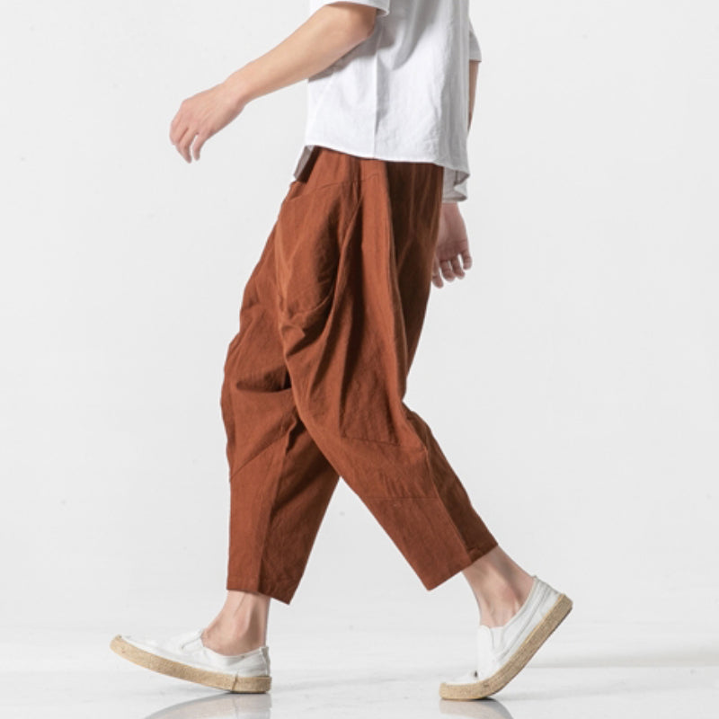 Linen Whisper | Wide Leg Harem Pants in Cotton-Linen Blend with Cuffed Hem