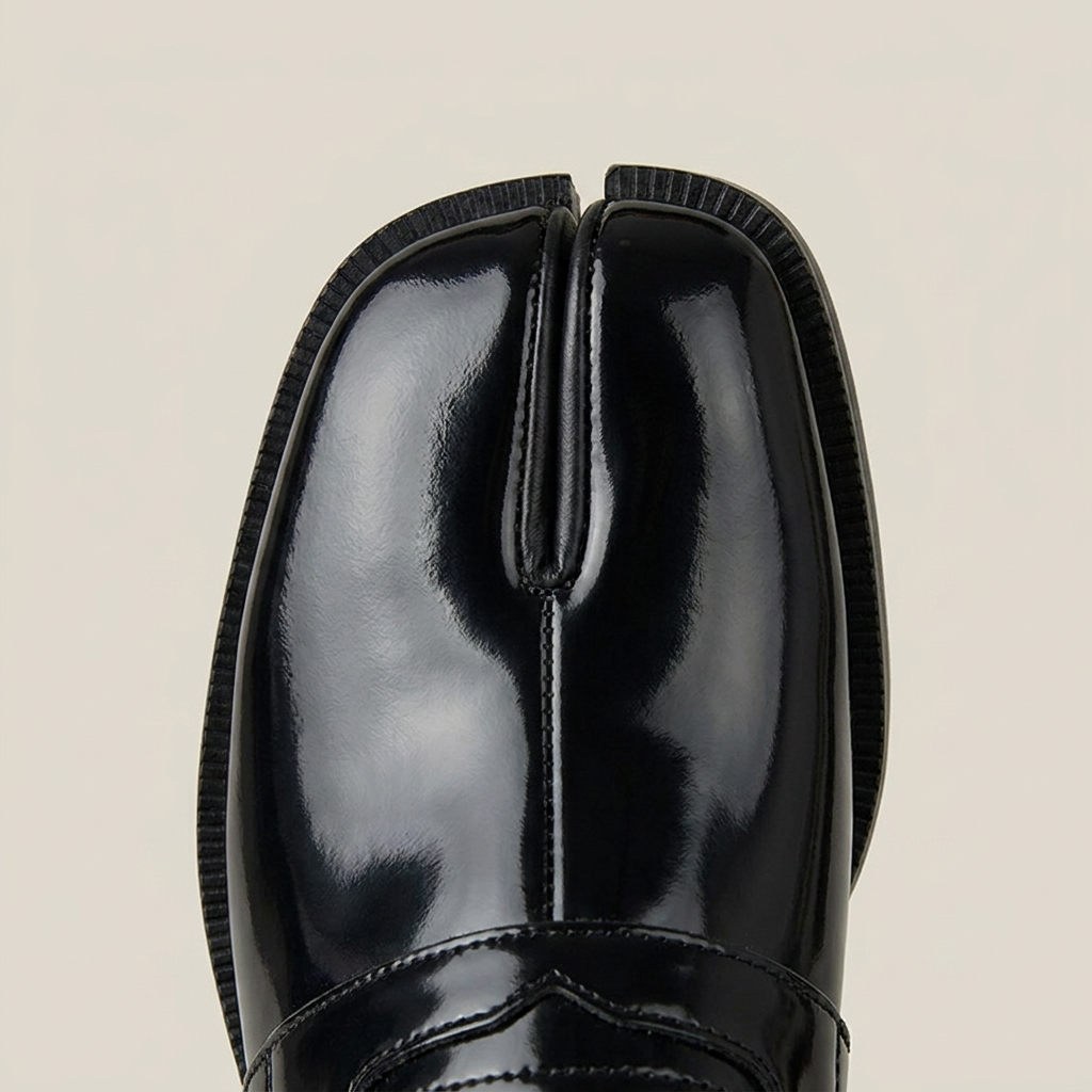 Glossy Microfiber Square Toe Low Heel Slip-On Loafer Shoes — close-up detail