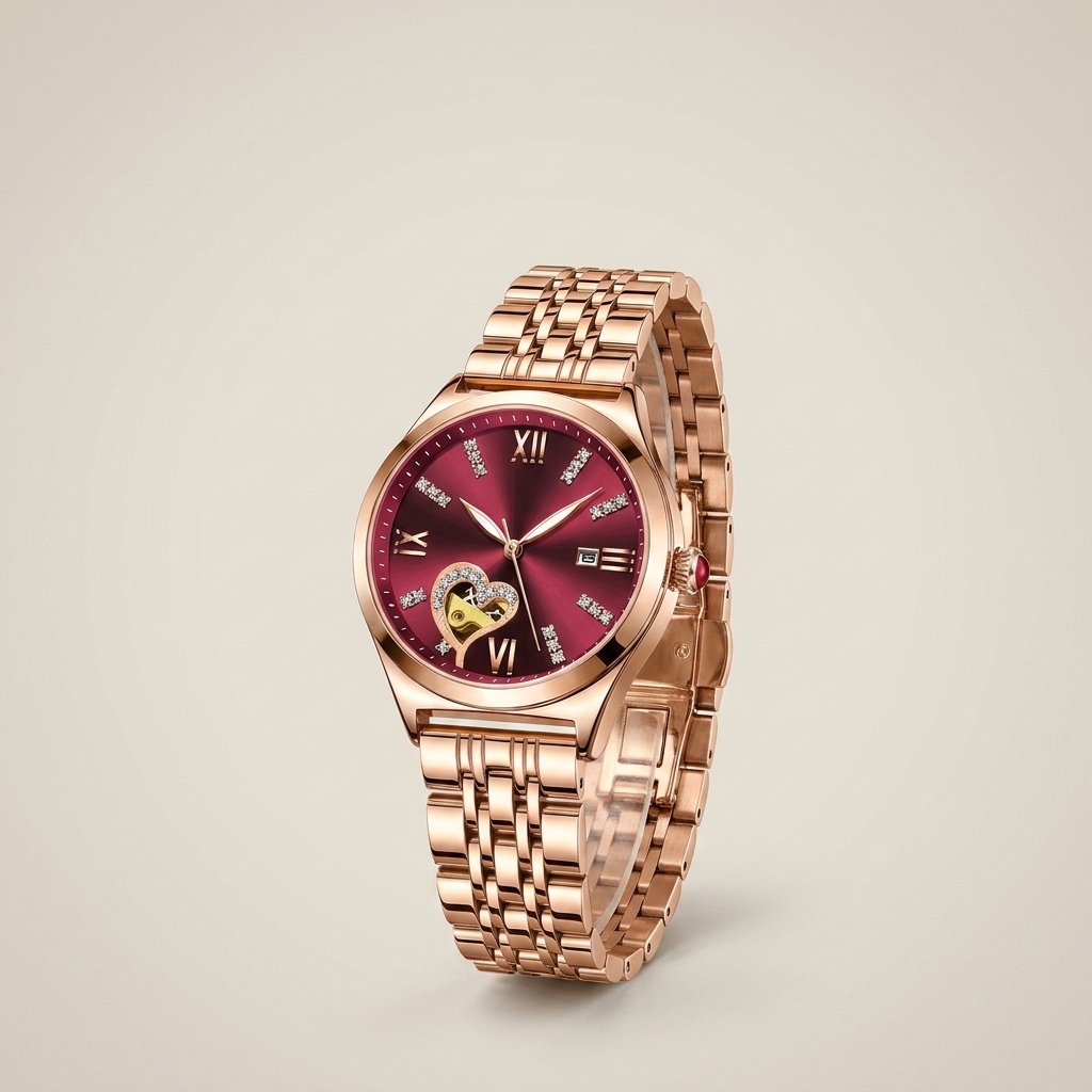 Rose Gold Round Heart-Shaped Quartz Water Resistant Women’s Watch