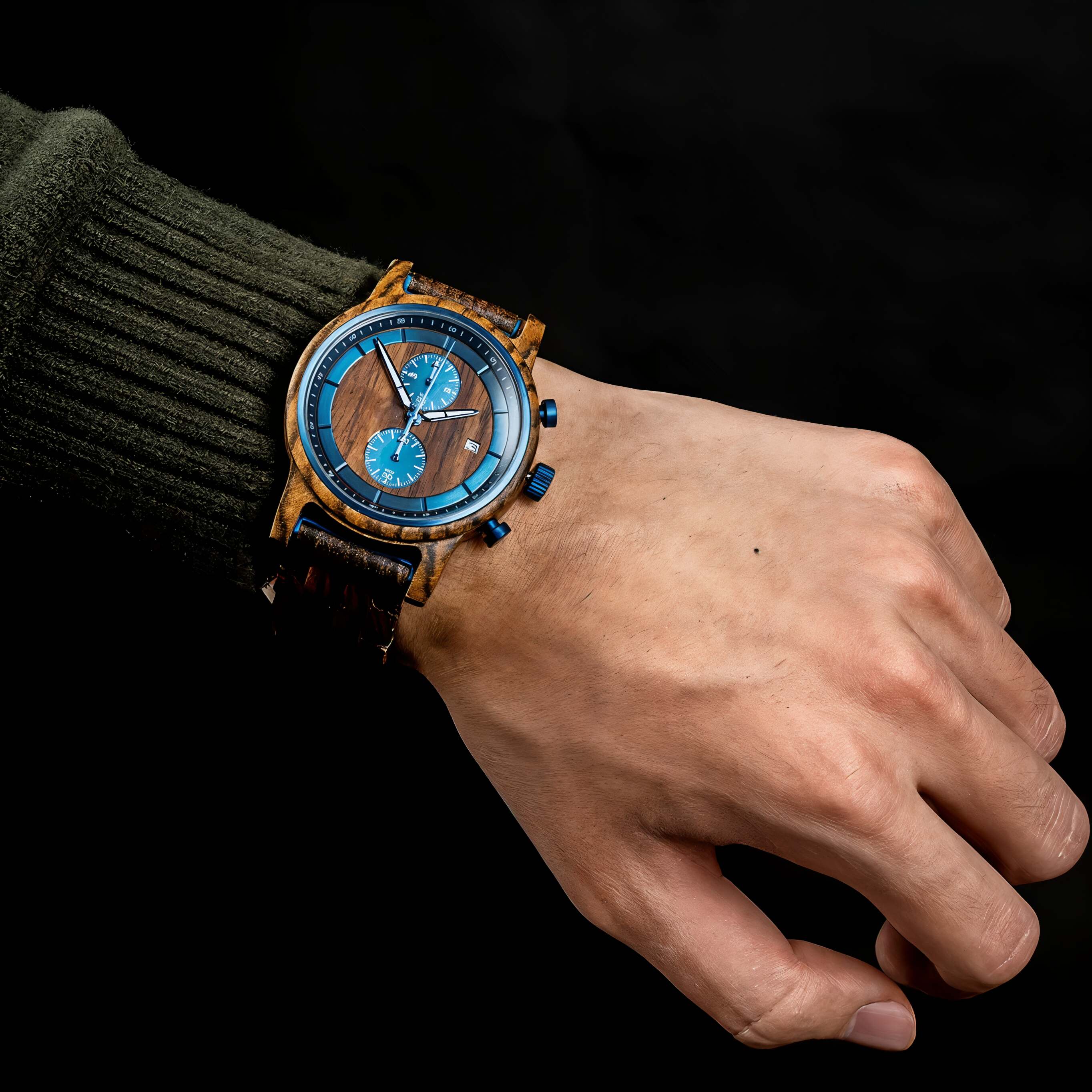 Serpentis men's watch in steel with blue dial, worn on a man's arm with a green sweater against a dark background.