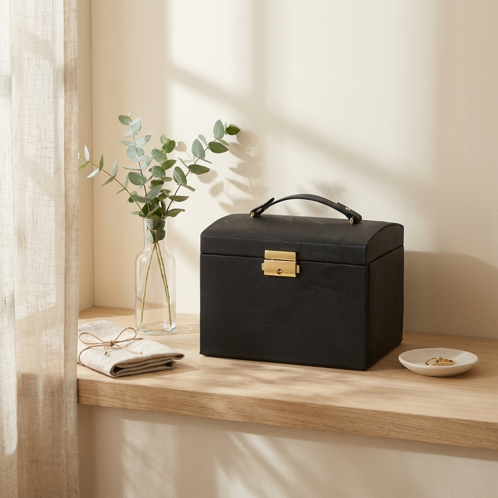 Lifestyle scene — Hard PU Leather Compact Mirror Portable Jewelry Box Organizer Case