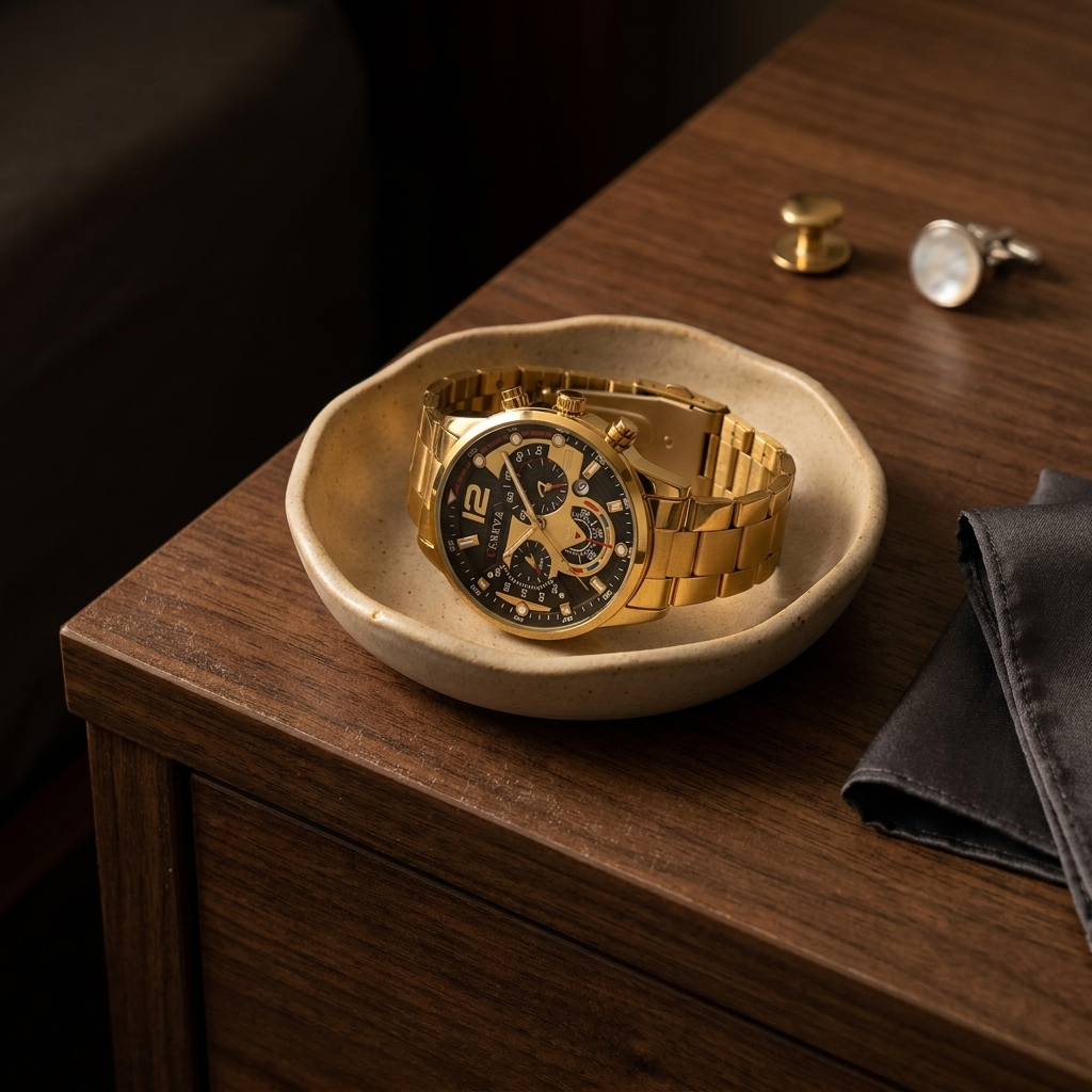 Lifestyle scene — Rose Gold Alloy Round Luminous Hands Calendar Quartz Wristwatch